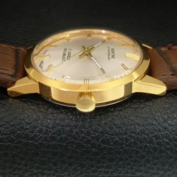 Vintage 1977 Montine Of SwitzerlandManual Mens Gold Watch W/Leather Strap